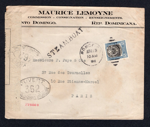 DOMINICAN REPUBLIC - 1916 - MARITIME: Cover from SANTO DOMINGO with printed firms address at top franked with 1906 5c black & blue (SG 163) tied by PONCE P.R. cds dated APR 18 1916 with fine strike of straight line 'STEAMBOAT' alongside. Addressed to FRANCE and censored on arrival with printed censor strip and oval censor mark.  (DOM/34501)