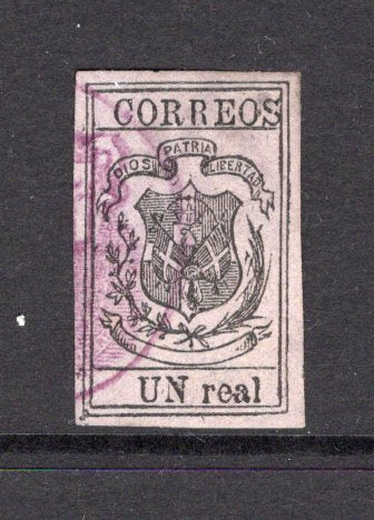 DOMINICAN REPUBLIC - 1866 - CLASSIC ISSUES: 'UN real' black on lilac wove paper, a superb lightly used copy with part strike of large circular 'Arms' cancel in purple, four good to large margins. No faults. Exceptional quality. (SG 21)  (DOM/36229)