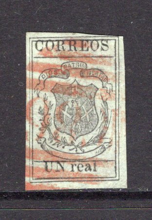 DOMINICAN REPUBLIC - 1866 - CLASSIC ISSUES: 'UN real' black on pale green LAID paper, a superb used copy with good strike of barred numeral 'C86' in red of the British Post Office at PUERTO PLATA. Four good to large margins, tight at top right. No faults. Exceptional quality. (SG 6)  (DOM/36231)