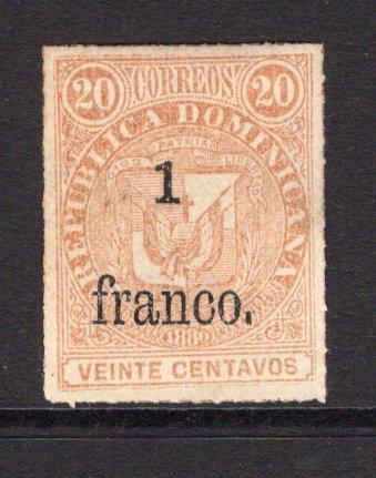 DOMINICAN REPUBLIC - 1883 - PROVISIONAL SURCHARGES: 1 franco on 20c yellow brown 'Arms' issue without Network, overprint type 2, a fine unused copy. (SG 49)  (DOM/36238)