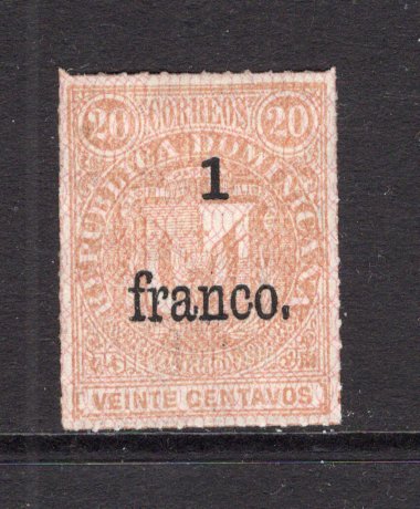 DOMINICAN REPUBLIC - 1883 - PROVISIONAL SURCHARGES: 1 franco on 20c yellow brown 'Arms' issue with Network, overprint type 2, a fine unused copy. (SG 59)  (DOM/36251)