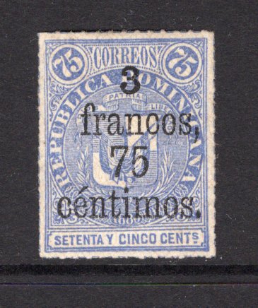 DOMINICAN REPUBLIC - 1883 - PROVISIONAL SURCHARGES: 3f 75c on 75c ultramarine 'Arms' issue with Network, a fine unused copy. (SG 63)  (DOM/36256)