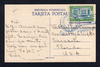 DOMINICAN REPUBLIC - 1950 - POSTAL STATIONERY: 2c blue postal stationery viewcard (H&G 19) with view 'Nations Altar, Trujillo City' used with 1944 9c blue & yellow green (SG 523) stuck completely over the imprinted 2c value & tied by CIUDAD TRUJILLO cds. Addressed to USA.  (DOM/3782)