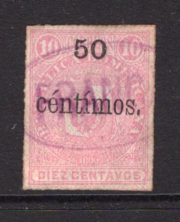 DOMINICAN REPUBLIC - 1883 - PROVISIONAL SURCHARGES: 50c on 10c pink 'Arms' issue with network a fine used copy with variety ACCENT OVER I OF CENTIMOS. (SG 57a)  (DOM/38148)