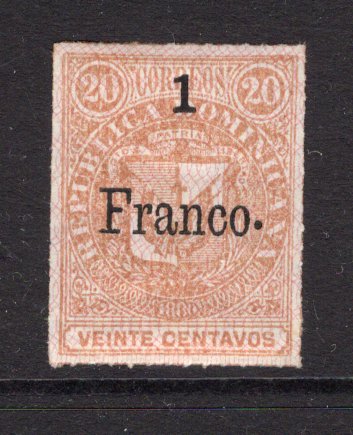 DOMINICAN REPUBLIC - 1883 - PROVISIONAL SURCHARGES: 1 Franco on 20c yellow brown 'Arms' issue with Network, overprint type 3, a fine mint copy. (SG 60)  (DOM/38149)