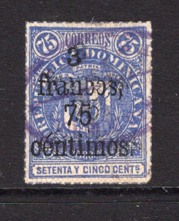 DOMINICAN REPUBLIC - 1883 - PROVISIONAL SURCHARGES: 3f 75c on 75c ultramarine 'Arms' issue with Network, a fine lightly used copy. (SG 63)  (DOM/38151)