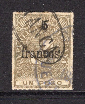 DOMINICAN REPUBLIC - 1883 - PROVISIONAL SURCHARGES: 5f on 1p gold 'Arms' issue with Network, a fine used copy with oval 'FRANCA' and part PUERTO PLATA cds. The overprint shows doubling on the '5' and 'f' and 's' of 'franco'. (SG 64)  (DOM/38152)