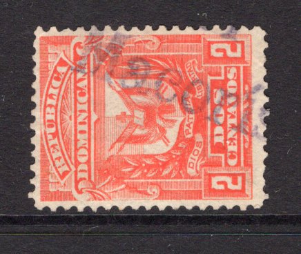 DOMINICAN REPUBLIC - 1885 - CANCELLATION: 2c scarlet 'Arms' issue used with fine strike of straight line 'S. P. Macoris' cancel in purple. (SG 78)  (DOM/38153)