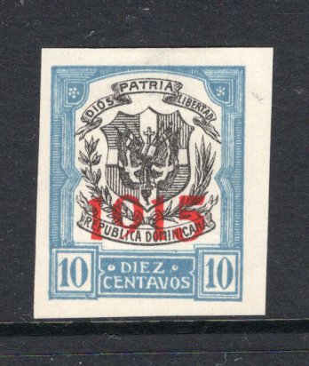 DOMINICAN REPUBLIC - 1915 - PROOF: 10c black & pale blue 'Arms' issue with '1915' overprint in red, a fine IMPERF PROOF on white paper. (As SG 214)  (DOM/38159)