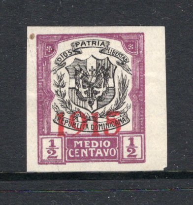 DOMINICAN REPUBLIC - 1915 - PROOF: ½c black & violet 'Arms' issue with '1915' overprint in red, a fine IMPERF PROOF on white paper. (As SG 209)  (DOM/38160)