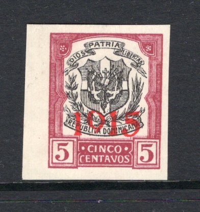 DOMINICAN REPUBLIC - 1915 - PROOF: 5c black & purple 'Arms' issue with '1915' overprint in red, a fine IMPERF PROOF on white paper. (As SG 213)  (DOM/38161)