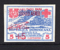 DOMINICAN REPUBLIC - 1930 - HURRICANE RELIEF: 5c + 5c blue & red with 'Correo Aereo' HURRICANE RELIEF surcharge in red, imperf, a fine mint copy. (SG 288B, Sanabria #15 only 3000 printed)  (DOM/38165)