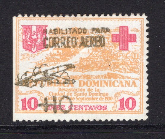 DOMINICAN REPUBLIC - 1930 - HURRICANE RELIEF: 10c + 10c yellow & red with 'Correo Aereo' HURRICANE RELIEF surcharge in GOLD, perforated, a fine mint copy. Scarce. (SG 290A, Sanabria #14 only 6500 printed)  (DOM/38166)