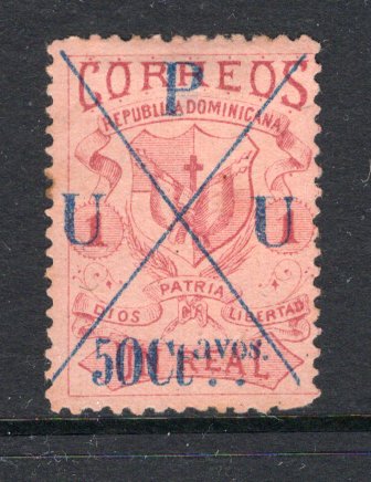 DOMINICAN REPUBLIC - 1891 - PARISOT ISSUE: 50c on 1r carmine on salmon 'Parisot' UPU surcharge issue, an unused copy with small thin on reverse. The higher values of this surcharge are rare. (SG 25)  (DOM/38174)