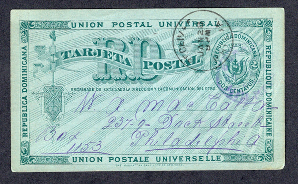 DOMINICAN REPUBLIC - 1886 - POSTAL STATIONERY: 2c green on greenish postal stationery card (H&G 5) used with light PUERTO PLATA cds. Addressed to USA with arrival cds on front. Card has corner crease but very scarce in commercially used condition.  (DOM/39059)