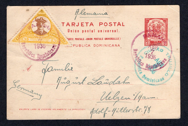 DOMINICAN REPUBLIC - 1936 - POSTAL STATIONERY & TRIANGLE THEMATIC: 2c red postal stationery card (H&G 17) datelined 'Sta Barbara Abr 6th 1936' on reverse used with added 1935 3c brown & yellow 'Triangular' issue (SG 352) tied by SAMANA cds's in red dated ABR 7 1936. Addressed to GERMANY with CIUDAD TRUJILLO transit cds on front.  (DOM/39060)