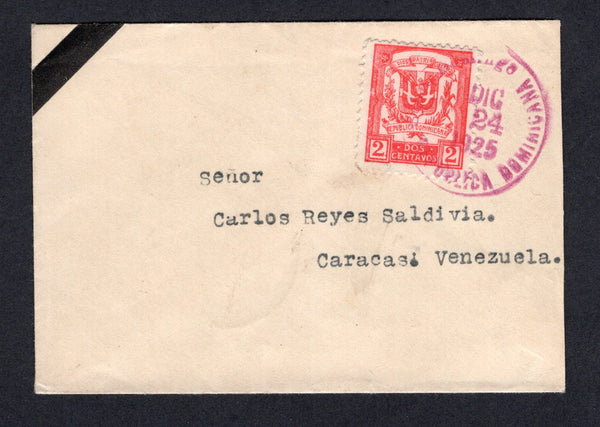 DOMINICAN REPUBLIC - 1925 - DESTINATION: Small cover franked with single 1924 2c red 'Arms' issue (SG 241) tied by SANTO DOMINGO cds dated DEC 24 1925. Addressed to VENEZUELA with CURACAO transit cds on reverse.  (DOM/39061)