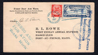 DOMINICAN REPUBLIC - 1927 - FIRST FLIGHT: Airmail cover franked with 1920 10c blue 'Special Delivery' issue and 1924 2c red (SG E232 & 241) tied by SANTO DOMINGO cds dated DEC 5 1927. Flown on the 'Santo Domingo - Port-au-Prince, Haiti' first flight by West Indian Aerial Express with three line 'CORREO AEREO POR AVION Santa Maria' and 'West Indian Aerial Express Inauguration Rep Dominicaine - Pto Rico - Haiti' first flight cachets in blue on front and also signed by the pilot 'Basil Rowe'. Addressed to HAI