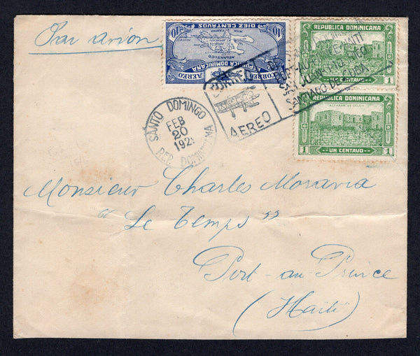 DOMINICAN REPUBLIC - 1929 - AIRMAIL: Commercial airmail cover franked with 1928 10c ultramarine & pair 1c green (SG 256 & 259) tied by SANTO DOMINGO airmail cancel dated FEB 20 1929. Addressed to HAITI with arrival cds dated the same day on reverse.  (DOM/39067)
