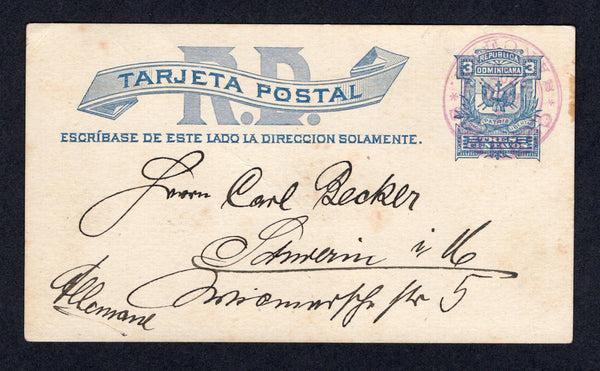 DOMINICAN REPUBLIC - 1895 - POSTAL STATIONERY: 3c blue on grey white postal stationery card (H&G 10) used with SANCHEZ cds in purple dated 4 MAR 1895. Addressed to GERMANY. Card has a few light tones.  (DOM/39447)