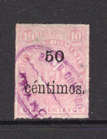 DOMINICAN REPUBLIC - 1883 - PROVISIONAL SURCHARGES: 50c on 10c pink 'Arms' issue without network, a fine lightly used copy. (SG 47)  (DOM/39960)