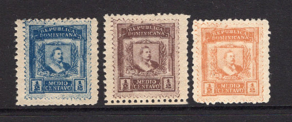 DOMINICAN REPUBLIC - 1910 - CINDERELLA: Circa 1910. ½c blue, ½c brown and ½c orange 'Propaganda' labels in the style of the 1901-1910 'Arms' issue but the central Arms design has been replaced by the portrait of a man. Perforated and gummed. A rare group not seen by us before.  (DOM/40728)