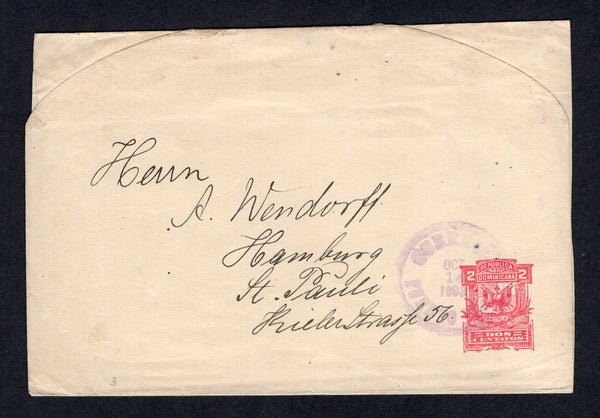 DOMINICAN REPUBLIC - 1893 - POSTAL STATIONERY: 2c pink on cream postal stationery wrapper (H&G E3) used with PUERTO PLATA cds dated OCT 14 1893. Addressed to GERMANY.  (DOM/40845)
