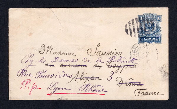 DOMINICAN REPUBLIC - 1899 - POSTAL STATIONERY: 5c blue postal stationery envelope (H&G B15) used with SANTO DOMINGO duplex cancel dated SEP 1899. Addressed to FRANCE with various transit & arrival marks on reverse.  (DOM/40847)