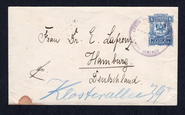 DOMINICAN REPUBLIC - 1898 - POSTAL STATIONERY: 5c blue postal stationery envelope (H&G B15) used with large SANTO DOMINGO 'Sawtooth' cds dated DEC 23 1897. Addressed to GERMANY with arrival cds on reverse. Small stain in bottom left corner.  (DOM/40848)