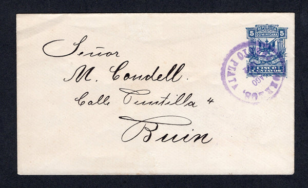 DOMINICAN REPUBLIC - 1892 - POSTAL STATIONERY: 5c blue postal stationery envelope (H&G B15) used with PUERTO PLATA cds dated AGO 11 1892. Addressed to BUIN (Chile). Very fine.  (DOM/40849)