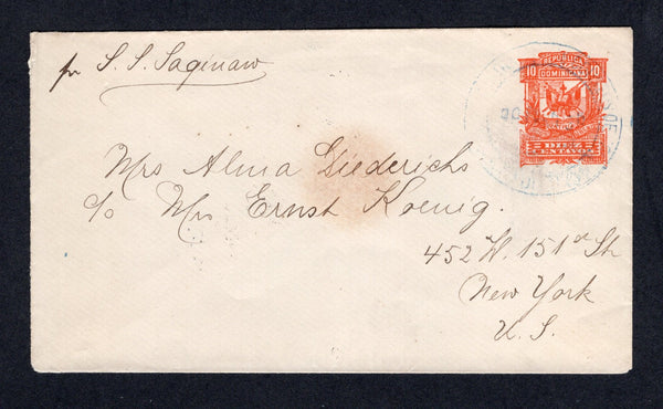 DOMINICAN REPUBLIC - 1895 - POSTAL STATIONERY: 10c orange postal stationery envelope (H&G B16) with 'Pr S.S. Saginaw' ship endorsement at top left used with light strike of large SANTO DOMINGO cds dated 1895. Addressed to USA with transit & arrival cds's on reverse. Slight stain in centre of address panel.  (DOM/40850)