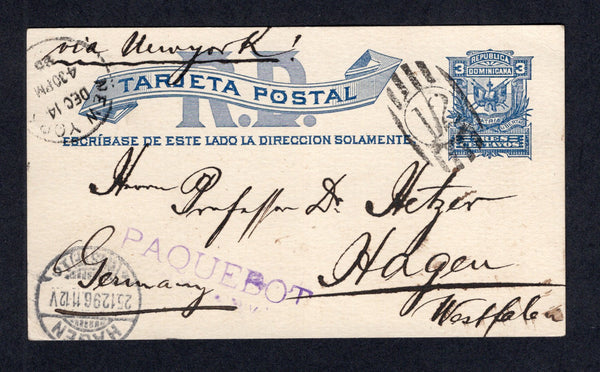 DOMINICAN REPUBLIC - 1896 - POSTAL STATIONERY & MARITIME: 3c blue postal stationery card (H&G 10) datelined 'Sto Do 4/12 96' on reverse with fine strike of barred oval '12' NEW YORK maritime cancel with straight line 'PAQUEBOT' marking in purple alongside. Addressed to GERMANY with NEW YORK transit cds and German arrival cds on front.  (DOM/41069)