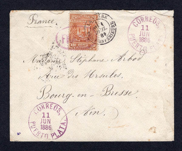 DOMINICAN REPUBLIC - 1886 - ARMS ISSUE: Cover franked with single 1885 10c orange 'Arms' issue (SG 80) tied by oval 'FRANCA' with two strikes of PUERTO PLATA cds dated 11 JUN 1886 alongside all in purple. Addressed to FRANCE with ST. THOMAS transit cds on reverse along with various other marks and French arrival cds also tying stamp on front. Cover is a little roughly opened at top with small repair but scarce.  (DOM/41186)
