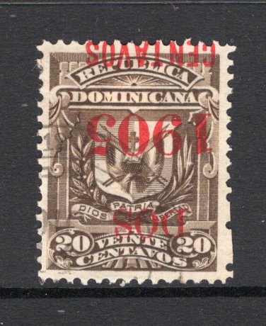 DOMINICAN REPUBLIC - 1905 - VARIETY: 2c on 20c brown 'Arms' issue with variety OVERPRINT INVERTED, a fine cds used copy. (SG 146a)  (DOM/41297)