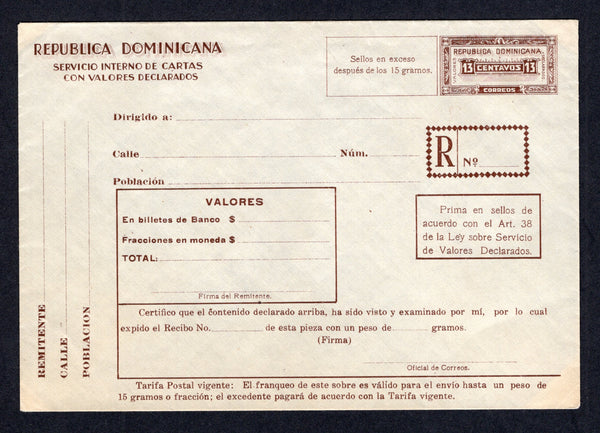DOMINICAN REPUBLIC - 1935 - POSTAL STATIONERY: 13c brown postal stationery registered envelope (H&G C1) with purple lining. A fine unused example.  (DOM/538)