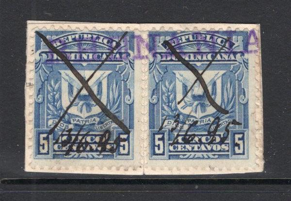 DOMINICAN REPUBLIC - 1895 - CANCELLATION: 5c blue 'Arms' issue a fine used pair on piece cancelled by complete strike of straight line 'RHENANIA' ship marking of the Hamburg America Line, both stamps also have manuscript 'X' cancels and dated '13/6, 95'. Very scarce. (SG 79)  (DOM/5530)