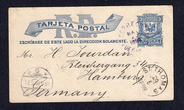 DOMINICAN REPUBLIC - 1898 - POSTAL STATIONERY & ROUTING: 3c blue postal stationery card (H&G 10) used with fine PUERTO PLATA cds in purple. Addressed to GERMANY with ST THOMAS transit cds and German arrival cds all on front. Very fine.  (DOM/8667)