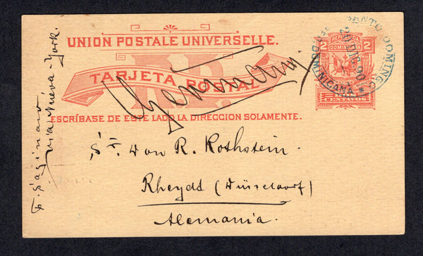 DOMINICAN REPUBLIC - 1890 - POSTAL STATIONERY: 2c red on yellow postal stationery card (H&G 9) used with large SANTO DOMINGO cds in blue. Addressed to GERMANY. Fine.  (DOM/8668)