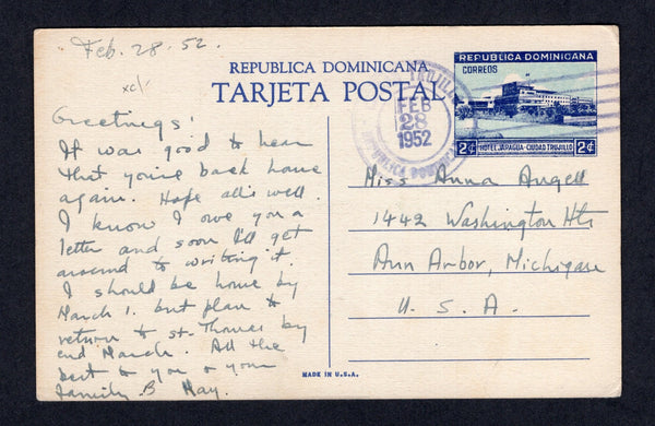 DOMINICAN REPUBLIC - 1949 - POSTAL STATIONERY: 2c blue postal stationery viewcard (H&G 19) with view 'Ruins of San Francisco Church, Trujillo City' used with CIUDAD TRUJILLO cds. Addressed to USA.  (DOM/8676)