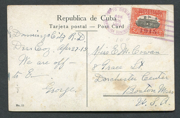 DOMINICAN REPUBLIC - 1915 - PROVISIONAL ISSUE: Coloured PPC 'Habana Foso de los Laureles. Moat of Cabanas' franked on message side with 1915 2c black & scarlet 'Habilitado 1915' overprint issue (SG 205) tied by SANTO DOMINGO cds. Addressed to USA.  (DOM/8685)