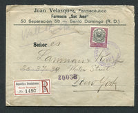 DOMINICAN REPUBLIC - 1914 - REGISTRATION: Registered cover franked with 1911 10c black & purple 'Arms' issue (SG 187) tied by SANTO DOMINGO cds with fine black & red on white printed 'Santo Domingo Exterior' registration label alongside. Addressed to USA with arrival marks on reverse.  (DOM/8695)