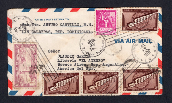 DOMINICAN REPUBLIC - 1943 - CANCELLATION: Airmail cover franked with 1931 15c mauve AIR issue plus 1942 4 x 10c brown & 3c magenta (SG 303, 473 & 481) all tied by multiple strikes of BANI roller cancel. Addressed to ARGENTINA with transit and arrival marks on reverse.  (DOM/8703)