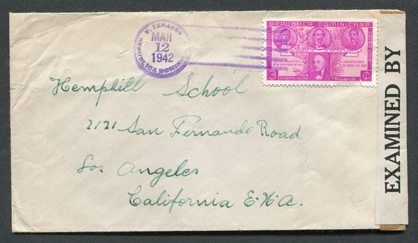 DOMINICAN REPUBLIC - 1942 - CANCELLATION: Censored cover franked with single 1941 3c magenta (SG 463) tied by V. TENARES roller cancel. Addressed to USA with transit cds's on reverse and US Censor strip at right.  (DOM/8705)