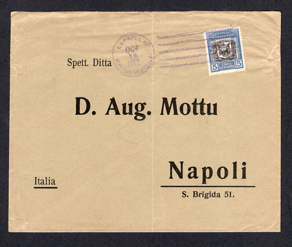 DOMINICAN REPUBLIC - 1912 - CANCELLATION: Cover franked with single 1906 5c black & blue 'Arms' issue (SG 163) tied by ESPAILLAT roller cancel in purple. Addressed to ITALY with transit and arrival marks on reverse.  (DOM/8707)