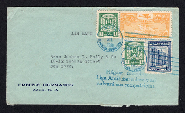 DOMINICAN REPUBLIC - 1930 - AIRMAIL & CANCELLATION: Cover franked with 1930 10c yellow AIR issue plus 2 x 1924 1c green & 5c blue (SG 271, 240 & 278) tied by AZUA roller cancels in blue. Sent airmail to USA with unusual large CORREO AEREO SANTO DOMINGO 'Winged Envelope' marking on reverse and 'Hagase membre Liga Antituberculosa y asi salvara sus compatriotas' Anti-TB propaganda cachet on front in blue.  (DOM/8712)