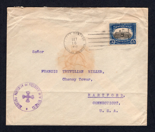 DOMINICAN REPUBLIC - 1912 - OFFICIAL MAIL: Cover with 'Secretaria Particular del Presidente de la Republica' handstamp in corner franked with single 1902 5c black & blue 'Official' issue (SG O122) tied by SANTO DOMINGO roller cancel in black. Addressed to USA. Slight tone patch on front but an uncommon issue on cover.  (DOM/8713)
