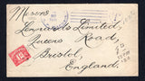 DOMINICAN REPUBLIC - 1929 - POSTAGE DUE: Stampless cover with manuscript 'From William H Francis, Rail Road Department, Central Santa Fe, Macoris R.D.' return address on reverse. Unfranked (assuming it was meant to be official mail) with S.P. MACORIS cds however the cover was deemed underpaid and taxed with small 'T' in circle and manuscript '10 cts'. Addressed to UK with '1d TO PAY' marking struck on arrival with GB 1d red 'Postage Due' tied by BRISTOL cds. Very unusual.  (DOM/8714)