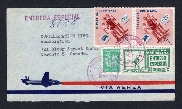 DOMINICAN REPUBLIC - 1962 - EXPRESS MAIL: Airmail cover franked with 1957 pair 7c brown red, 1961 1c blue green and 1956 25c bluish green 'Entrega Especial' EXPRESS issue (SG 693, 836 & E663) tied by ENTREGA ESPECIAL SANTO DOMINGO cds's in purple with straight line 'ENTREGA ESPECIAL' marking alongside with manuscript '8128' number. Addressed to CANADA. Very scarce issue genuinely used on cover.  (DOM/8715)