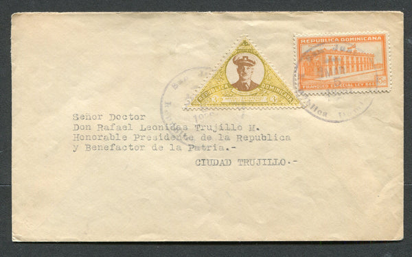 DOMINICAN REPUBLIC - 1936 - TAX ISSUE & CANCELLATION: Cover franked with 1935 3c brown & yellow plus 1935 25c orange obligatory TAX issue for use on all mail addressed to the President of the Republic (SG 352 & 346). Both tied by SAN JUAN cds's. Addressed to 'Don Rafael Leonidas Trujillo M. Honorable Presidente de la Republica, Ciudad Trujillo' with arrival cds on reverse. Scarce issue on cover.  (DOM/8767)