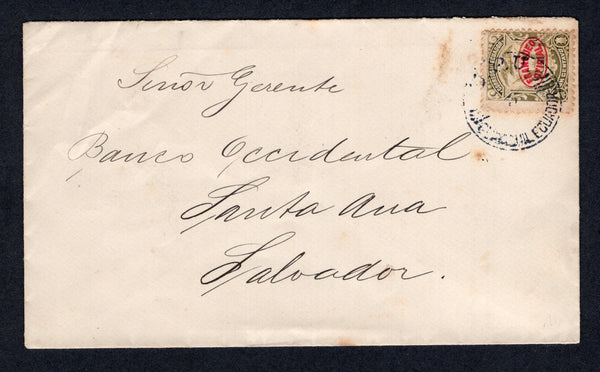 ECUADOR - Circa 1896 - OFFICIAL MAIL: Cover franked with single 1896 1c olive bistre Official issue with oval 'FRANQUEO OFICIAL' overprint in red (SG O97A) tied by GUAYAQUIL cds. Addressed to 'Banco Occidental' SANTA ANA, EL SALVADOR. A few light tones but a scarce issue on cover and an unusual rate.  (ECU/17527)